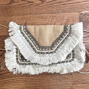Beaded and fringed burlap clutch